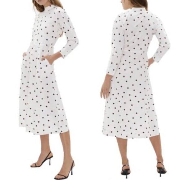 Ganni Polka Dot Print Cotton Poplin Midi Dress White Size 36 - Picture 1 of 8